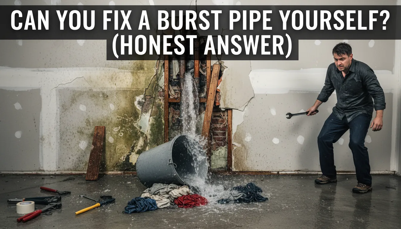 Homeowner inspecting an exposed burst pipe to decide if a DIY fix is safe