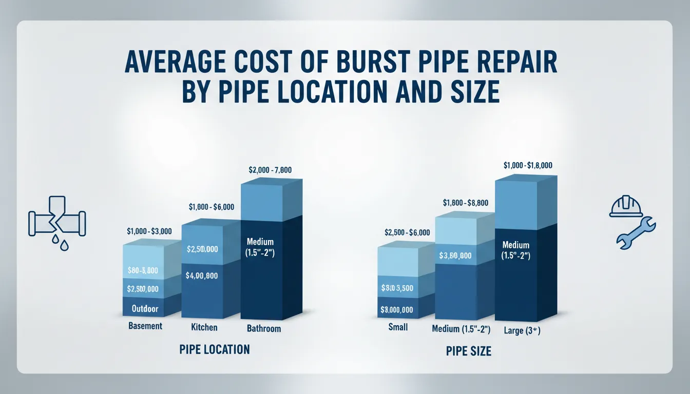 Chart showing the average costs of burst pipe repairs based on pipe location and size, including kitchen, bathroom, basement, and underground pipes.
