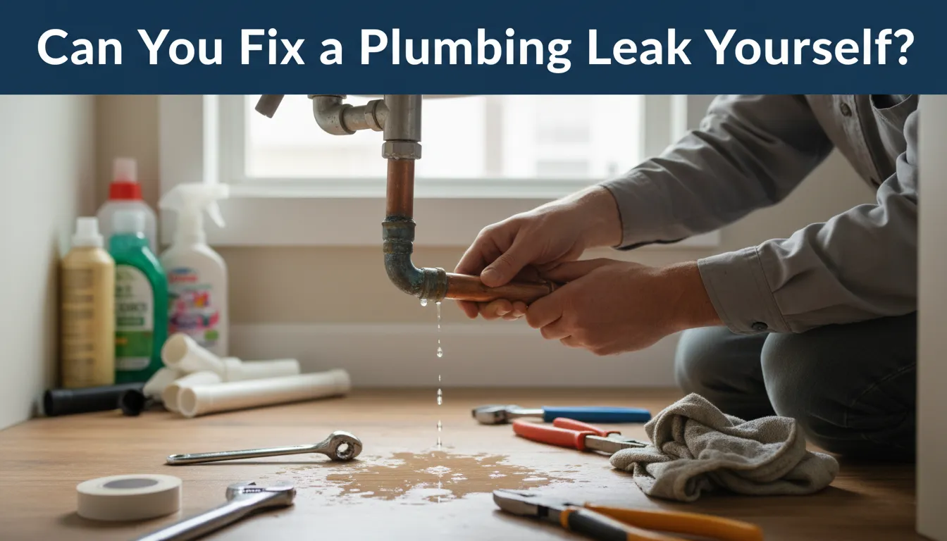 Homeowner fixing a minor plumbing leak under a sink while deciding between DIY repair and calling a professional plumber