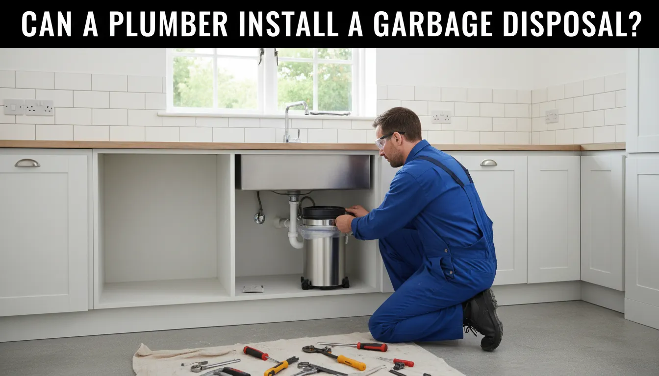 Plumber installing a garbage disposal under kitchen sink