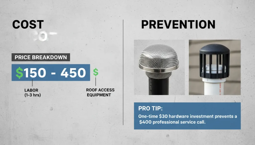 An informational graphic displaying a price breakdown for professional vent clearing alongside a stainless steel mesh vent cap and a protective bird guard for plumbing stacks.