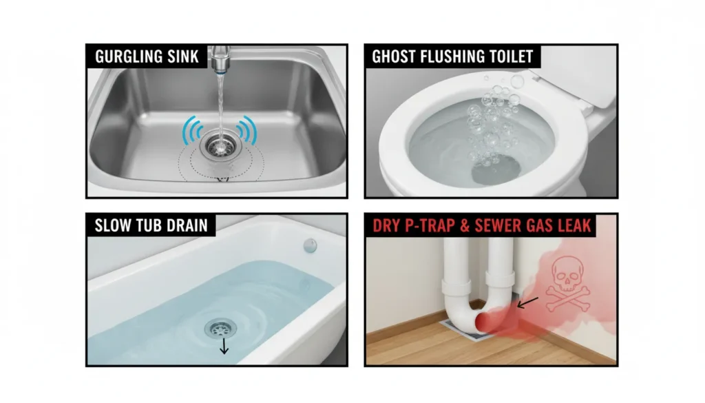 Infographic showing common symptoms of a blocked plumbing vent, including a gurgling sink drain, a bubbling toilet bowl, and an empty P-trap allowing sewer gas entry.