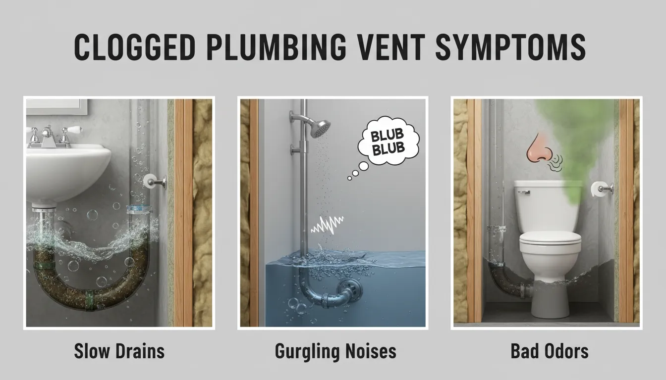 Signs of a clogged plumbing vent including slow drainage, gurgling sounds, and water backups