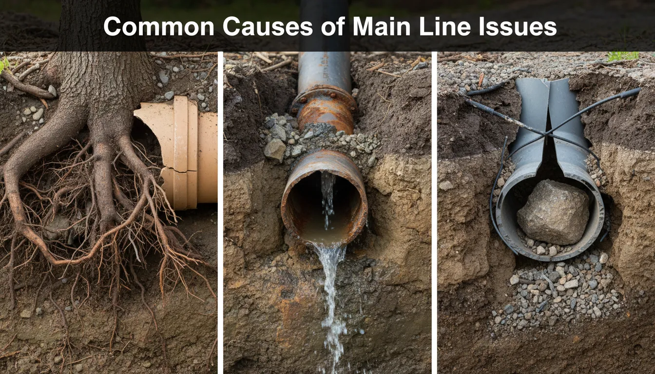 Diagram showing the common causes of main sewer line issues, such as tree root intrusion, pipe corrosion, and clogs from non-degradable items.