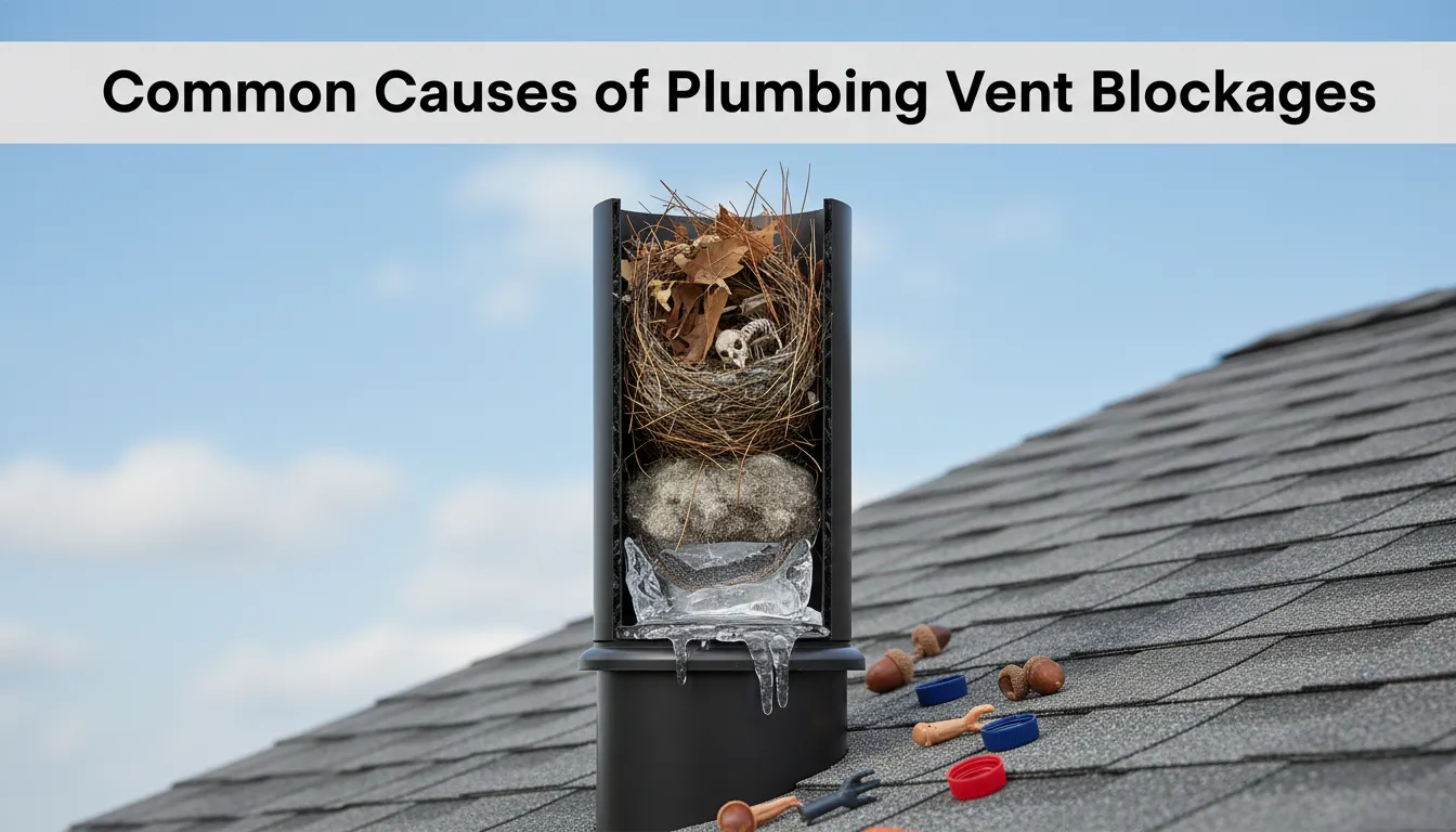 Illustration showing common causes of plumbing vent blockages, including debris, leaves, animal nests, and ice buildup.