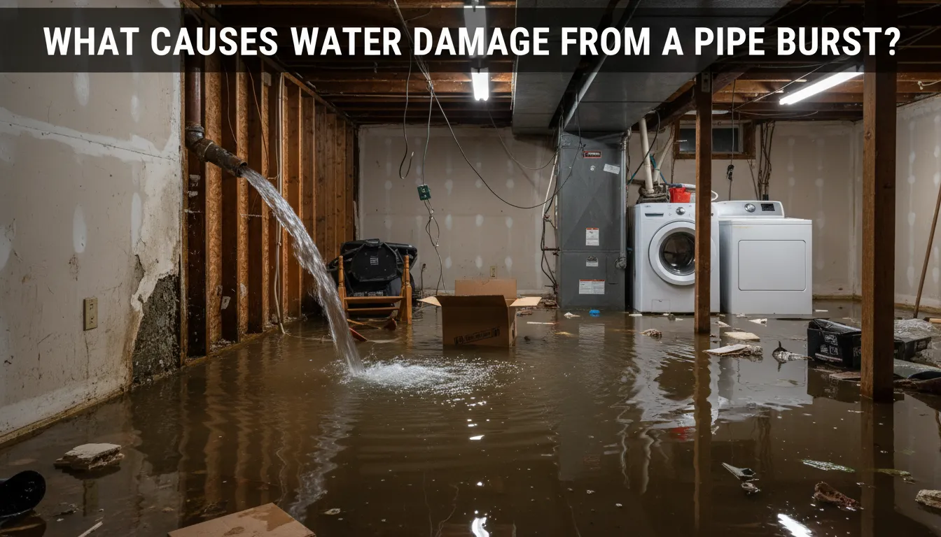 Diagram showing common causes of water damage from a pipe burst, including freezing temperatures, high water pressure, and corrosion