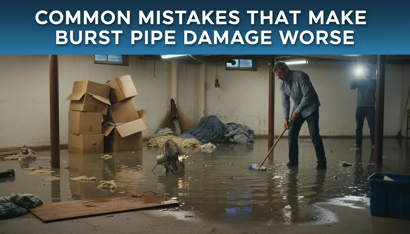 Water damage spreading across a wall due to improper handling of a burst pipe