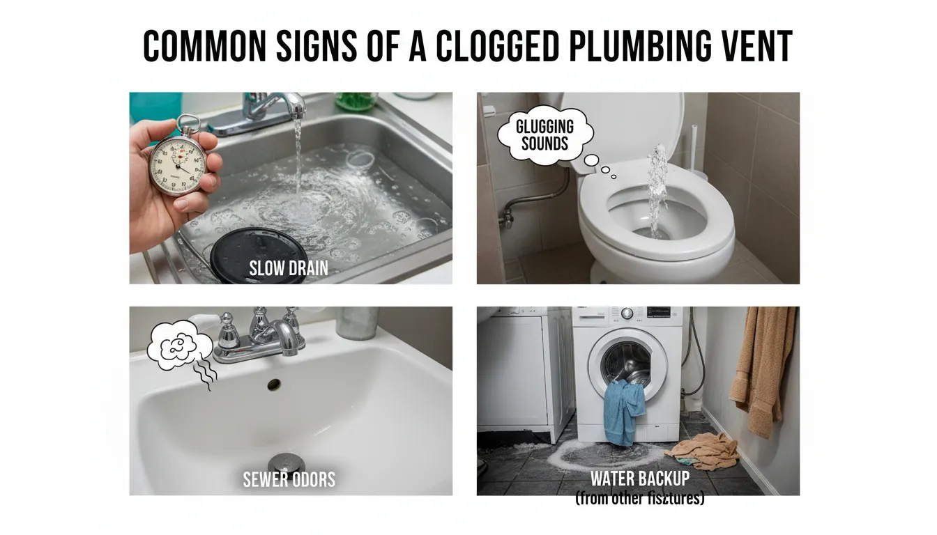 Visual representation of common signs of a clogged plumbing vent, including slow drainage, gurgling sounds, and water backups.
