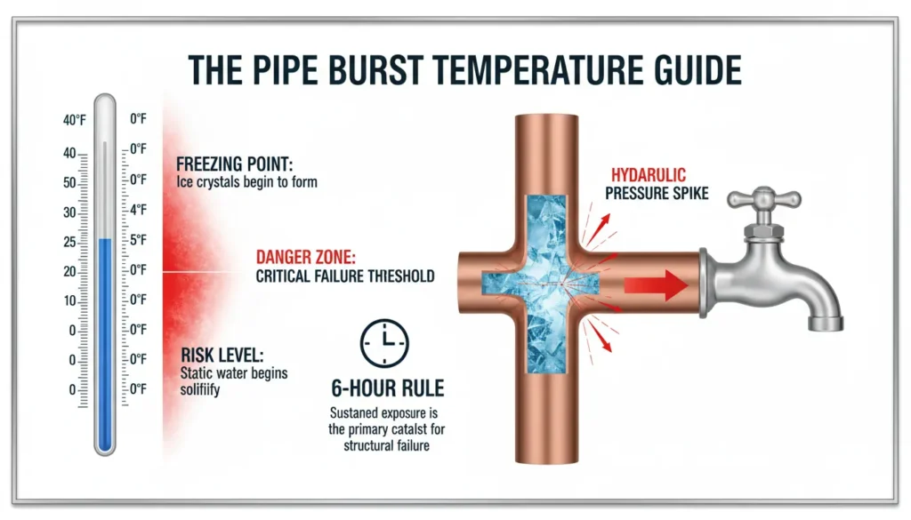 A technical guide showing pipe freeze risk levels at various temperatures, highlighting the 20°F danger zone and the hydraulic pressure spike that causes bursts.
