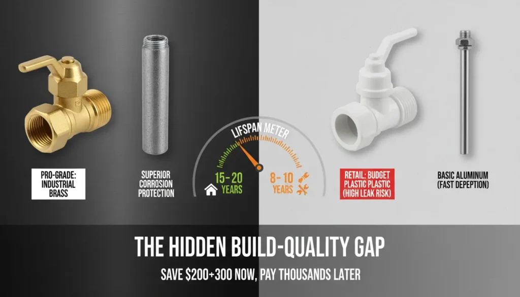A high-resolution side-by-side comparison of a heavy-duty brass drain valve from a plumber-installed water heater versus a thin plastic drain valve from a retail store model.
