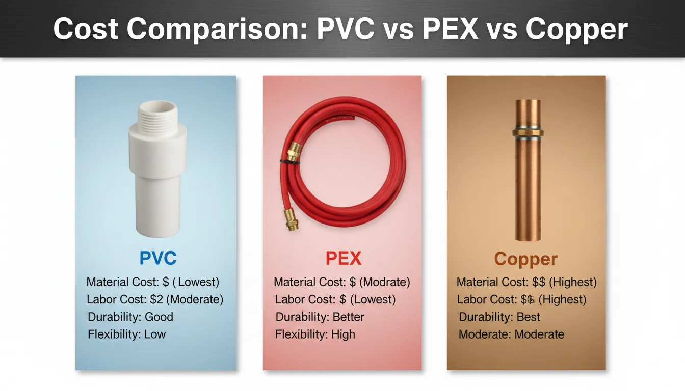 Comparing the costs of PVC, PEX, and Copper pipes for residential plumbing