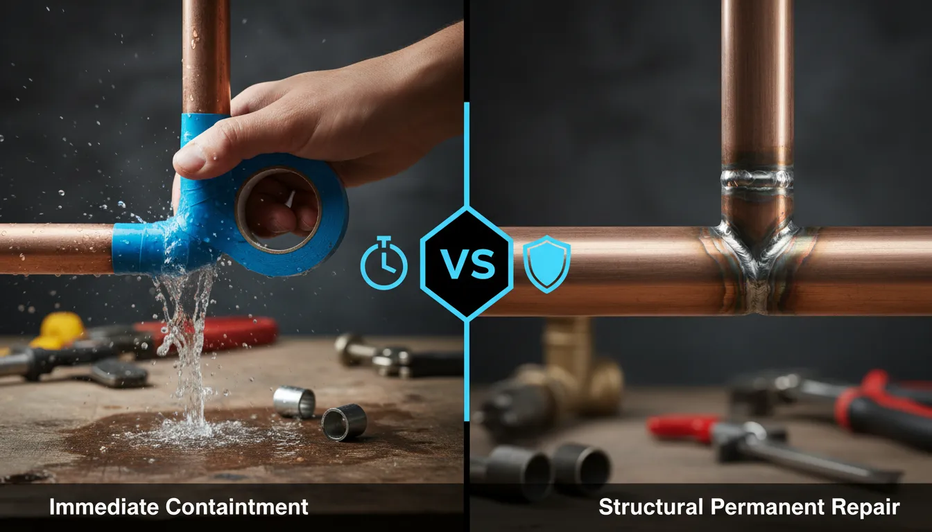 A side-by-side comparison showing a DIY temporary fix using waterproof repair tape on a pipe next to a professional permanent solution involving a newly soldered copper pipe section.