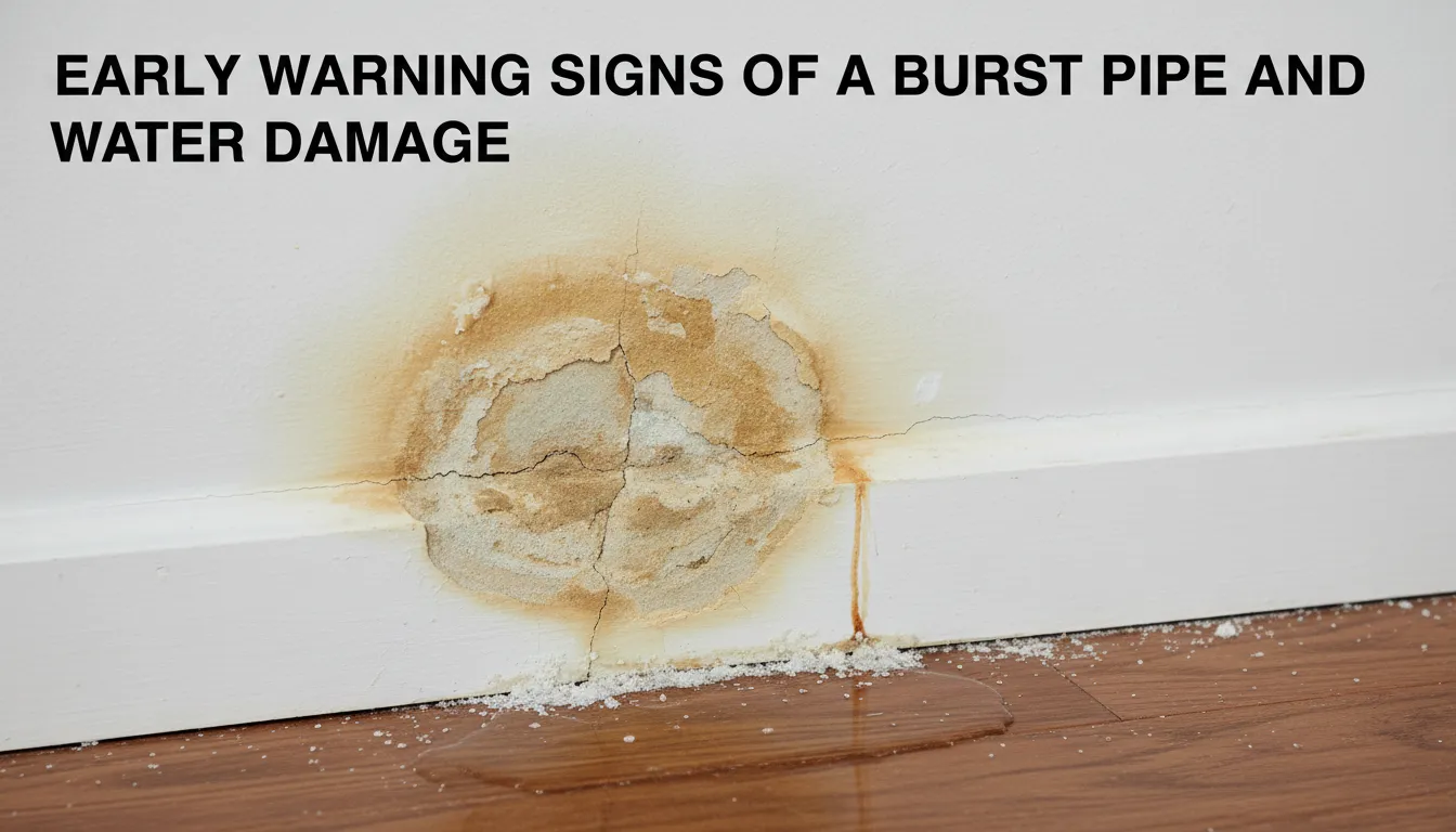 Visual representation of early warning signs of a burst pipe, such as water stains, low water pressure, and damp spots