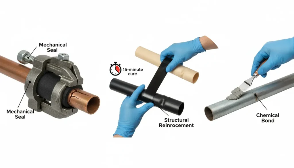 A high-detail comparison of professional emergency plumbing repair tools including a mechanical pipe clamp, a fiberglass resin wrap, and hand-moldable epoxy putty applied to a leaking pipe.