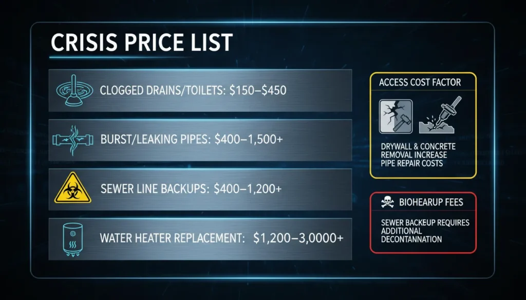A price-tiered comparison chart for common plumbing emergencies including clogged drains, burst pipes, sewer line backups, and water heater replacements.