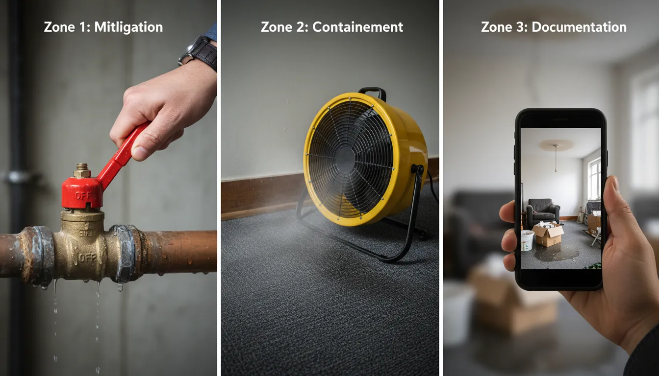 A split-view action photo showing a person turning off a main water shut-off valve, a high-velocity floor fan drying a damp area, and a smartphone taking a photo of water damage for insurance.