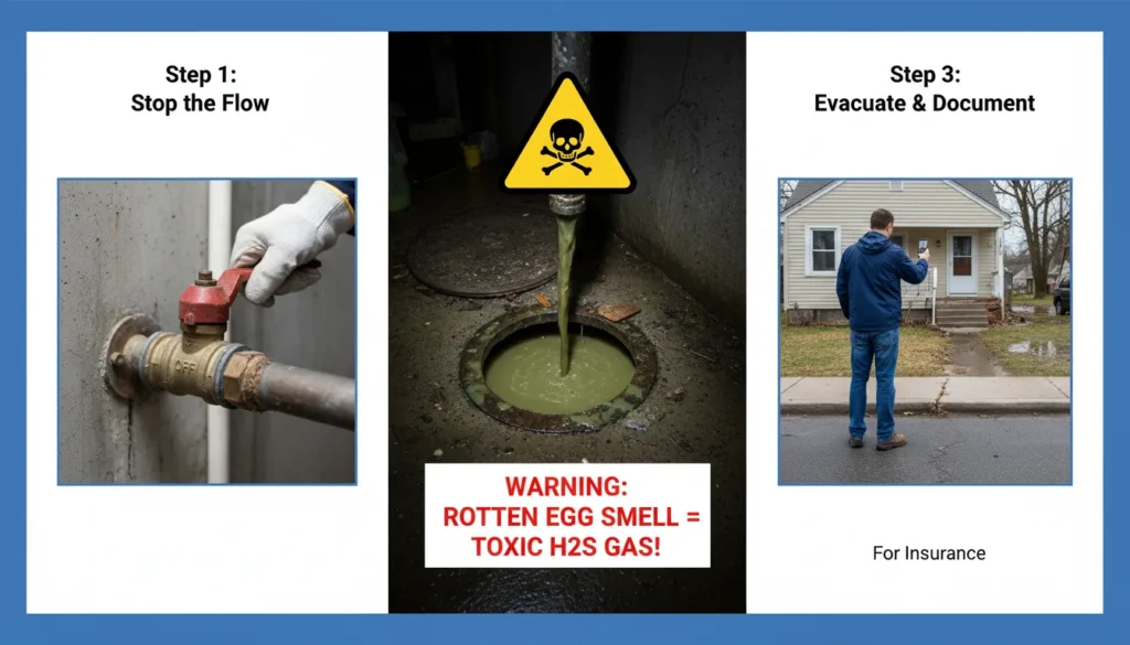 A homeowner or technician shutting off a main water valve and evacuating a basement affected by a sewer pipe burst and sewage backup.