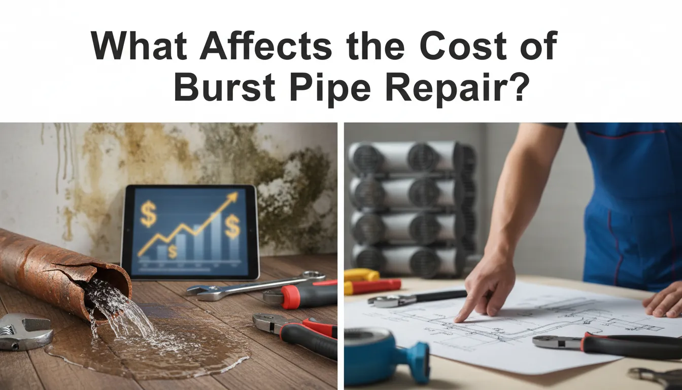 Visual showing the key factors that influence the cost of burst pipe repairs, including pipe material, location, damage severity, and labor rates.