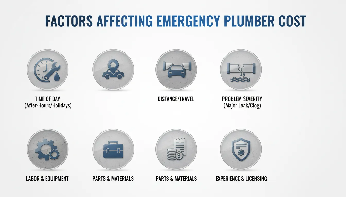 Infographic showing key factors affecting emergency plumbing costs, including time of day, job complexity, and location