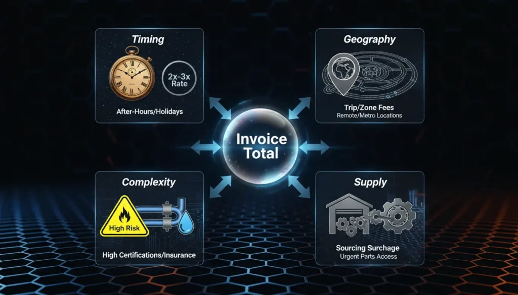 A professional breakdown of invoice cost drivers for emergency plumbing, illustrating how time of call, location travel fees, and job complexity increase the final bill.