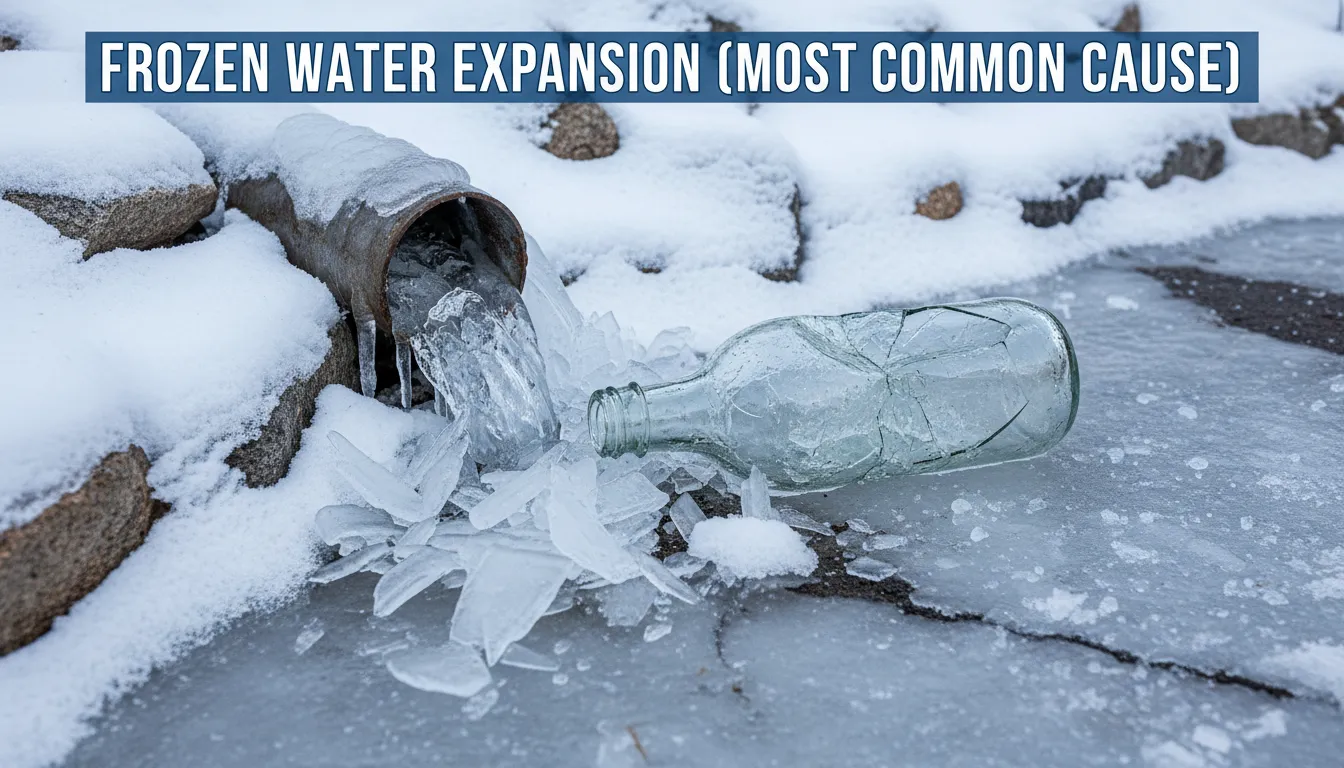 A frozen water pipe expanding and cracking due to ice pressure
