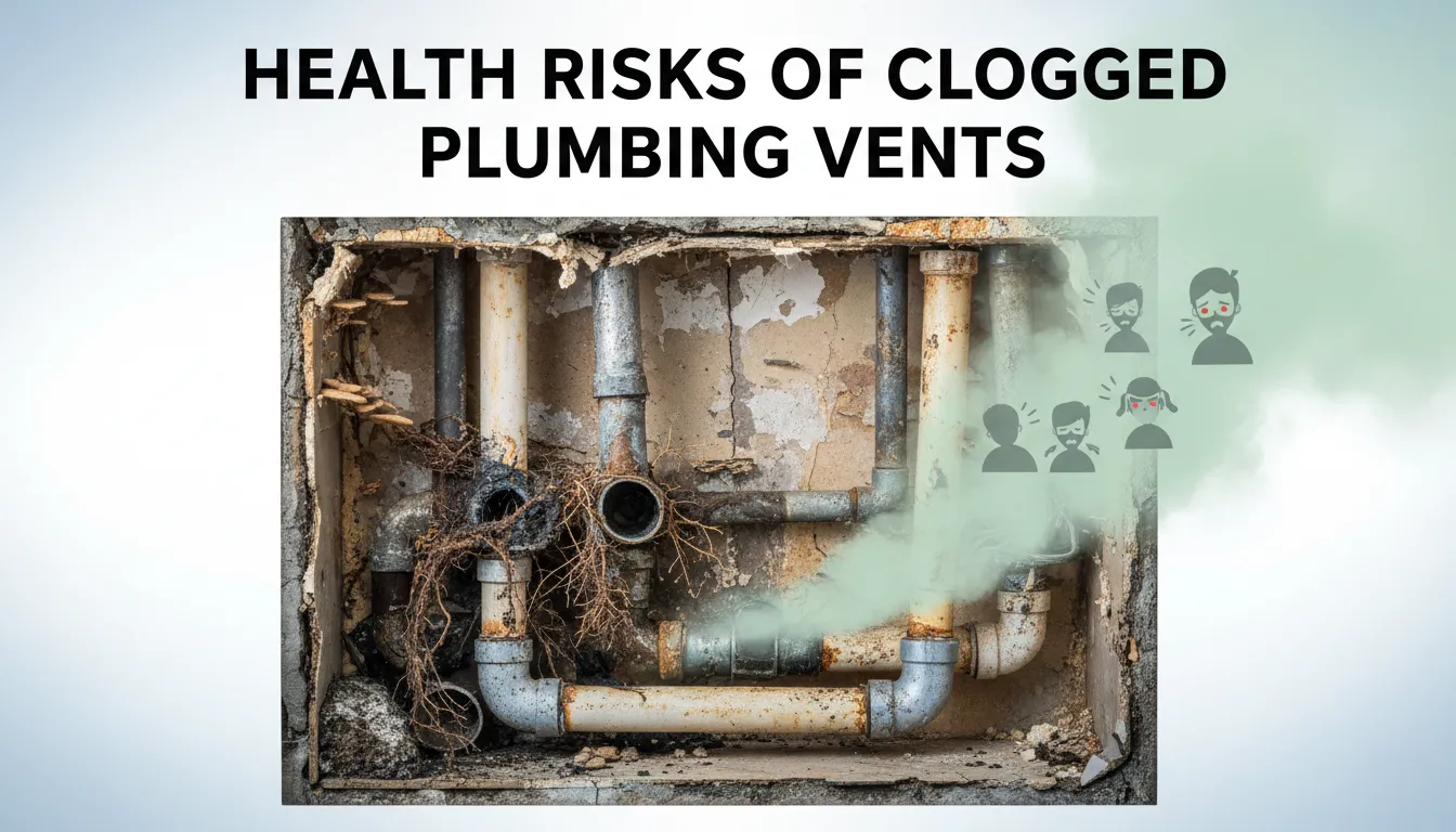 Illustration highlighting the health risks of clogged plumbing vents, including poor air quality, sewage odors, and potential mold growth.
