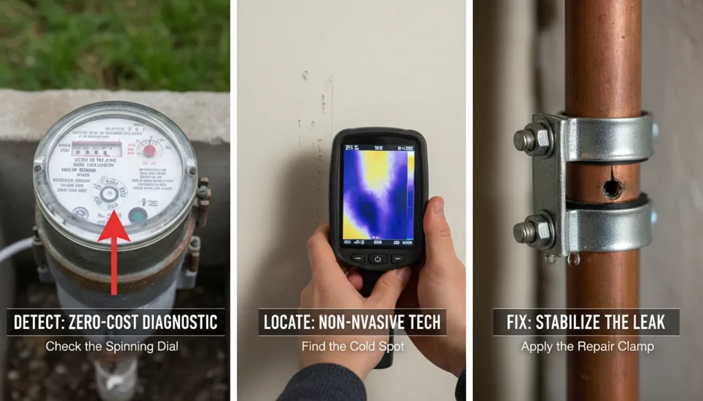 A three-part technical sequence showing a homeowner verifying a leak at the water meter, an infrared camera revealing hidden moisture behind a wall, and the installation of a stainless steel pipe repair clamp.