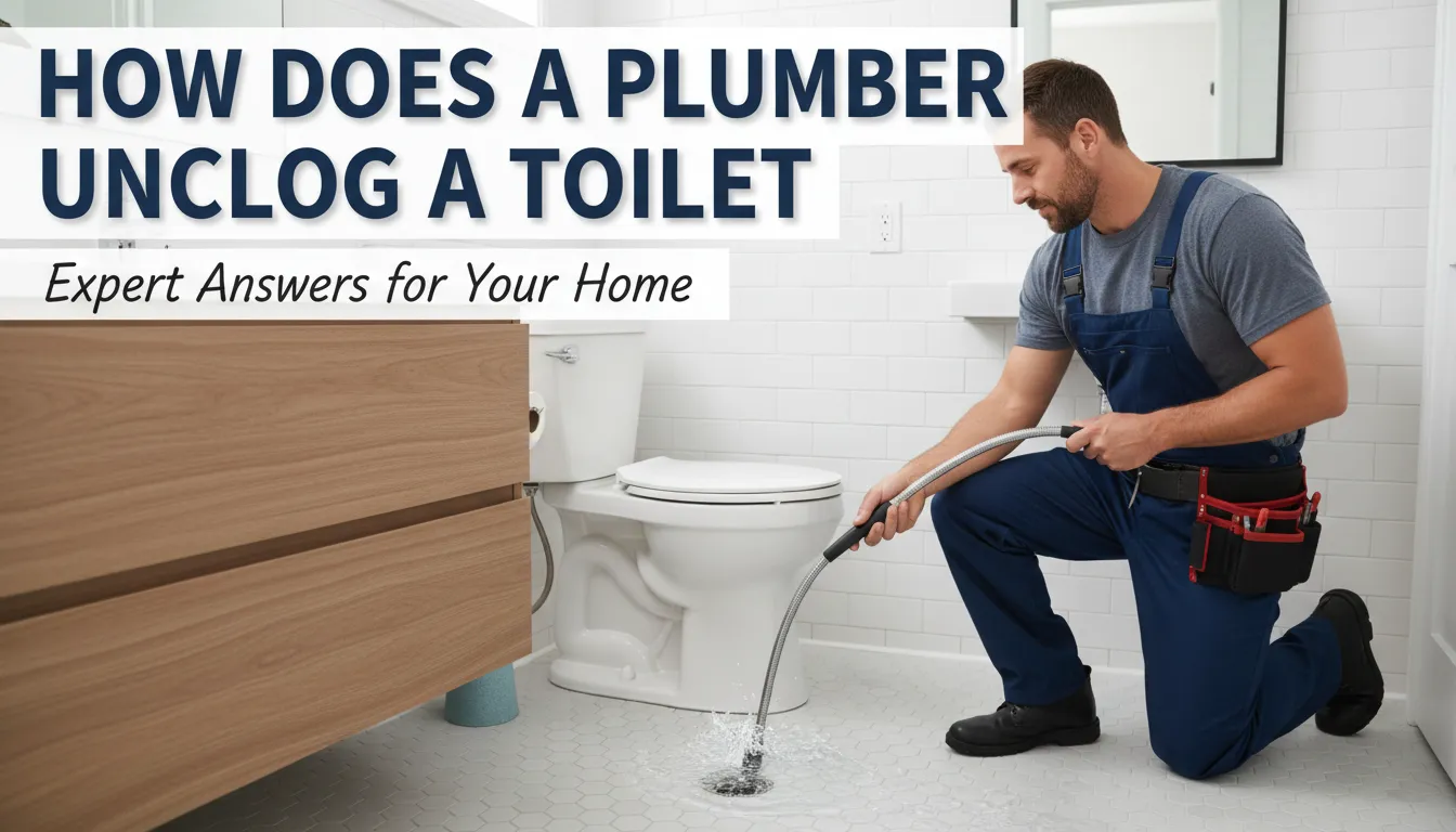 How does a plumber unclog a toilet? A plumber using an auger on a clogged toilet with plumbing tools visible.