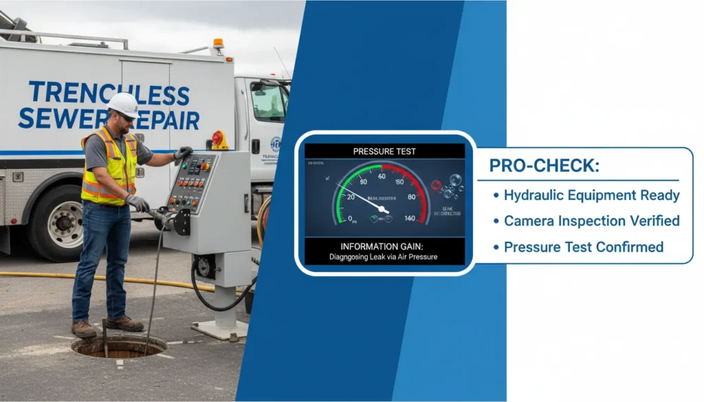 A professional plumber using a hydraulic control station and a sewer camera monitor to diagnose and repair a broken underground pipe.