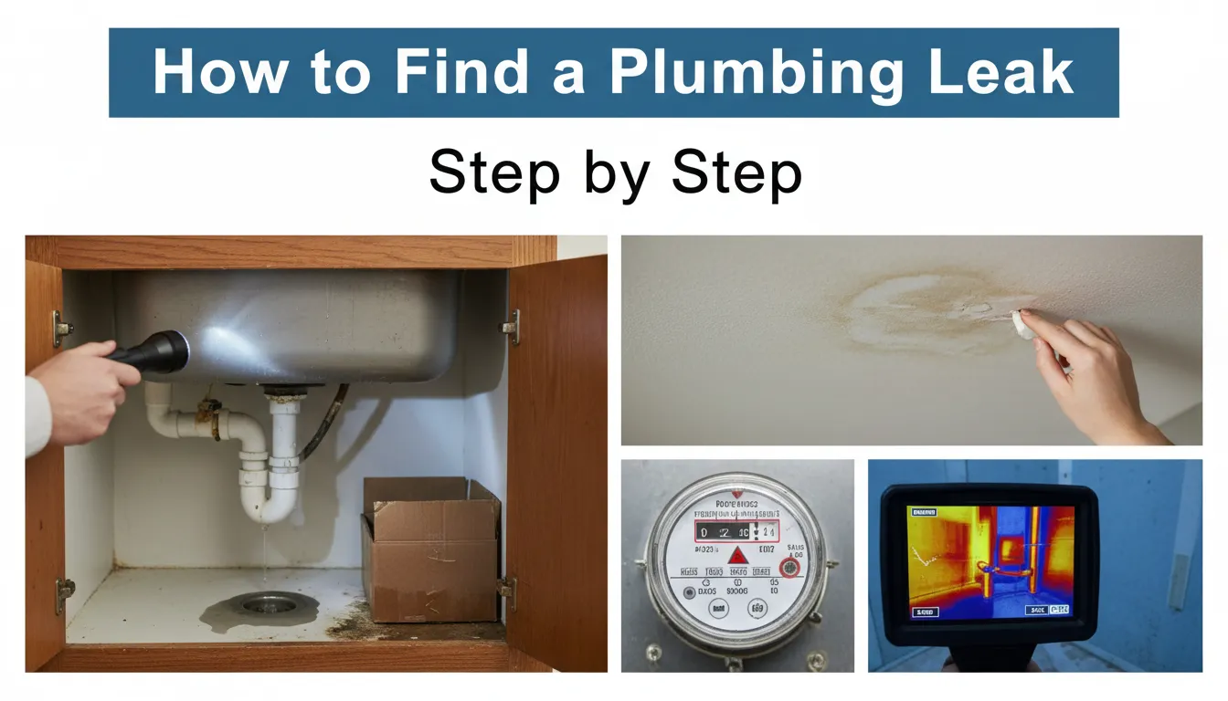 Step-by-step process showing how to find a plumbing leak using water meter testing, fixture inspection, and moisture checks