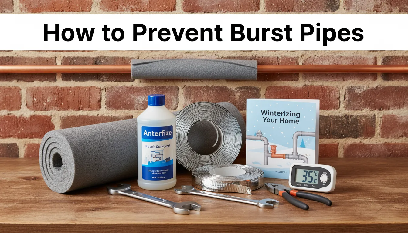 Infographic showing steps to prevent burst pipes, including insulating pipes, maintaining water pressure, and sealing cracks in walls.