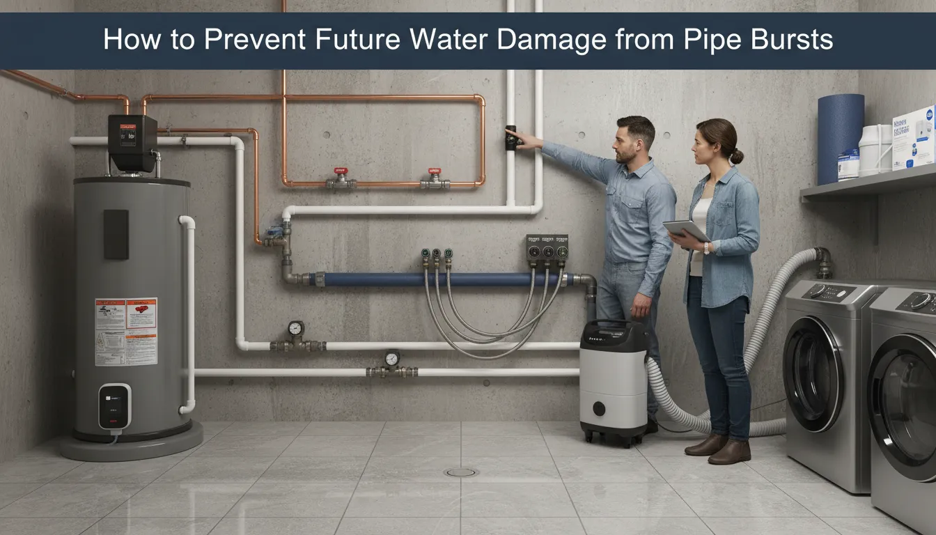 Preventive measures to avoid future water damage from pipe bursts, including pipe insulation and water pressure regulation