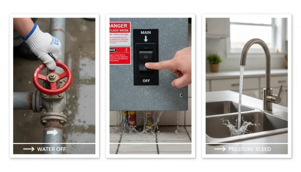 A step-by-step emergency sequence showing a person turning off a residential main water shut-off valve and disabling the electrical breaker to stop flooding and hazards.