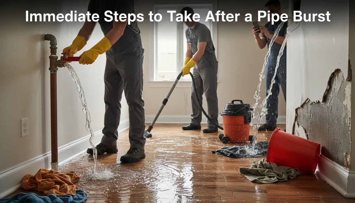 Visual guide showing the steps to take immediately after a pipe burst, including shutting off the water supply and contacting a plumber