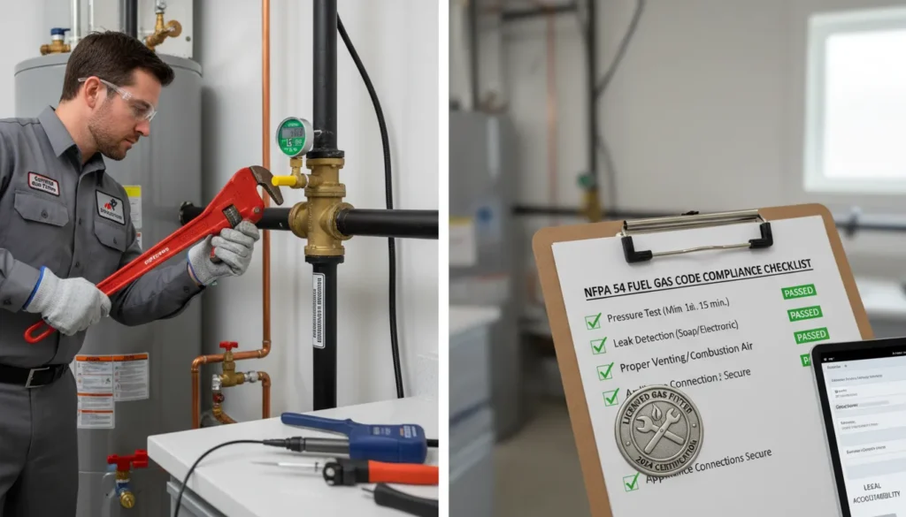 A professional plumber for gas lines wearing high-visibility safety gear while using a digital manometer and ultrasonic leak detector to verify the integrity of a residential natural gas manifold.