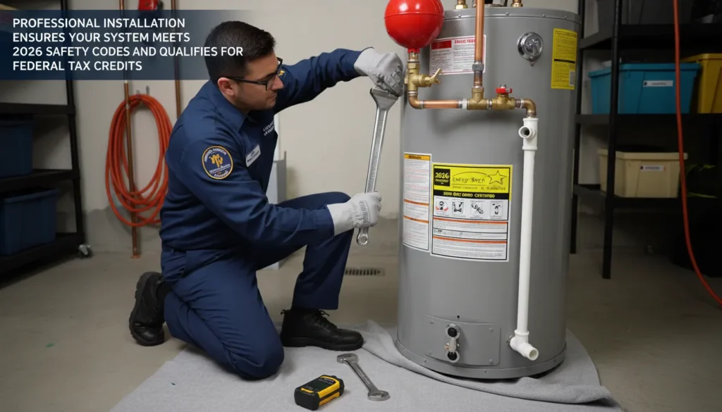 A professional licensed plumber kneeling in a utility room, using a pipe wrench to secure copper fittings and a thermal expansion tank onto a newly installed residential water heater.