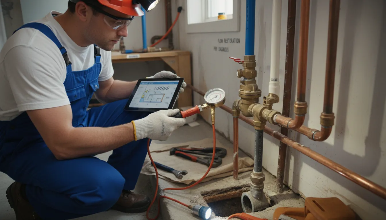 Professional plumber for low water pressure repair using a PSI gauge to diagnose household flow issues.