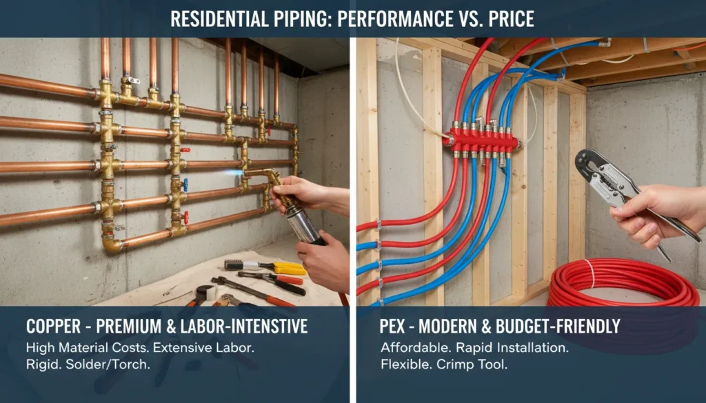 A side-by-side comparison of rigid copper piping and flexible PEX tubing, featuring a cost-to-performance breakdown of installation complexity and material longevity.