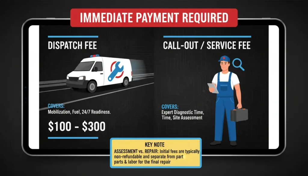 A detailed breakdown of a plumbing invoice showing the difference between an initial dispatch fee for mobilization and the professional call-out charge for onsite diagnostics.
