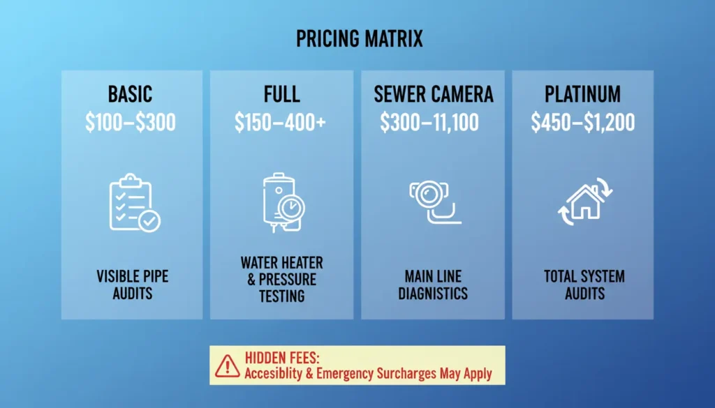 A high-resolution comparison chart showing four different plumbing inspection tiers—Basic, Full Diagnostic, Sewer Camera, and Platinum—with their corresponding 2026 price ranges and service highlights.