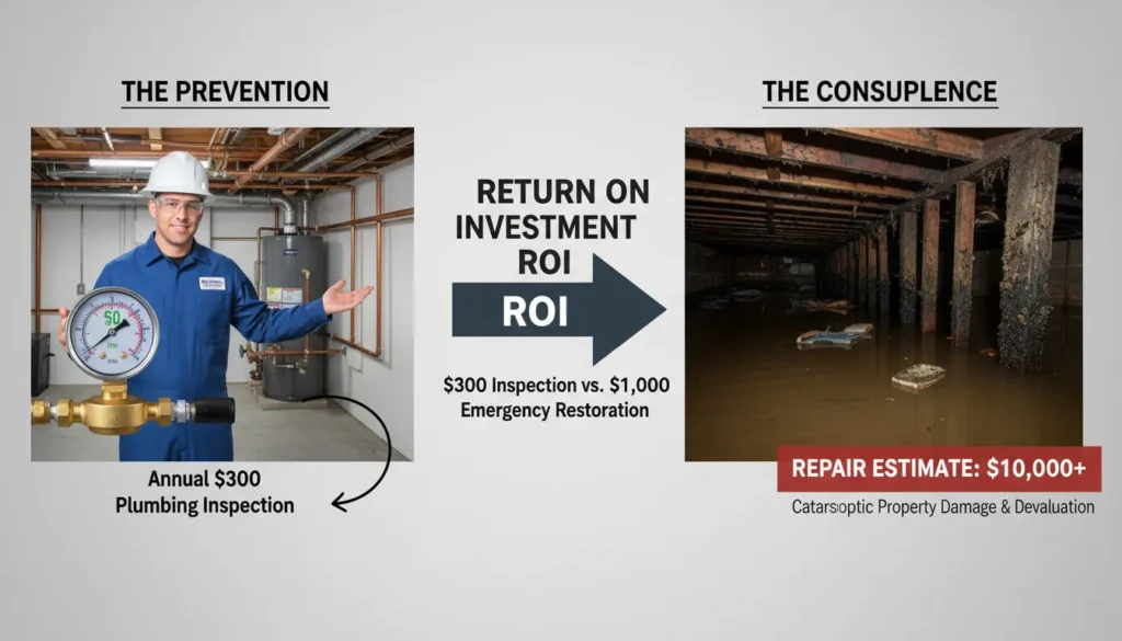A side-by-side comparison showing a professional plumber using a digital thermal leak detector on a clean kitchen wall versus an inset photo of a high-cost $10,000 foundation repair caused by an undetected slab leak.