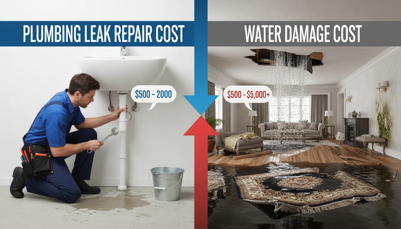 Comparison chart showing plumbing leak repair cost versus expensive water damage repair costs in homes