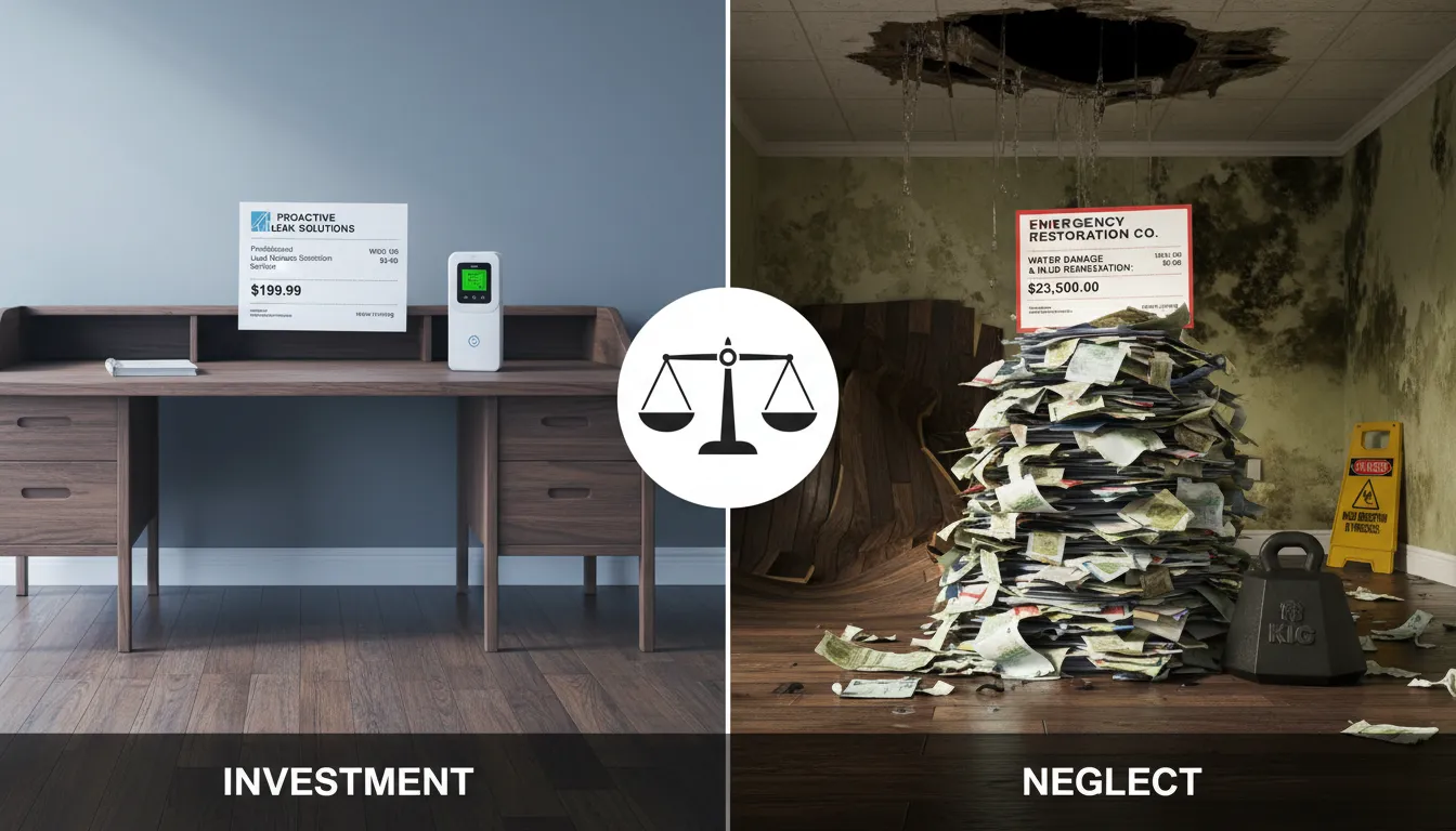 A split-screen comparison showing a low-cost preventative plumbing inspection receipt next to a high-cost emergency restoration invoice with water-damaged flooring in the background.