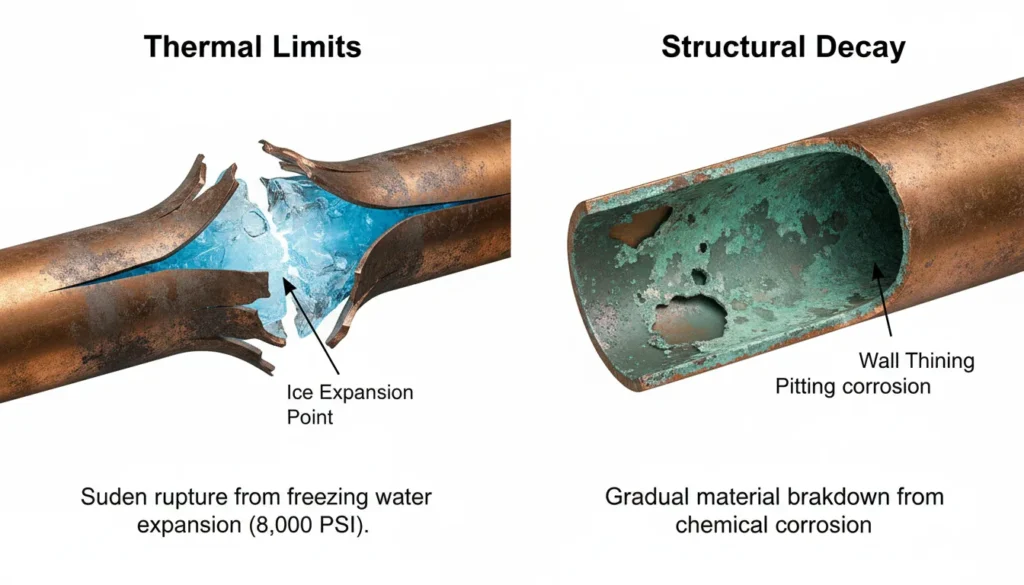 Cross-section comparison of a copper pipe showing structural failure from internal ice expansion (freeze burst) next to a pipe thinned by long-term pitting corrosion and sediment decay.