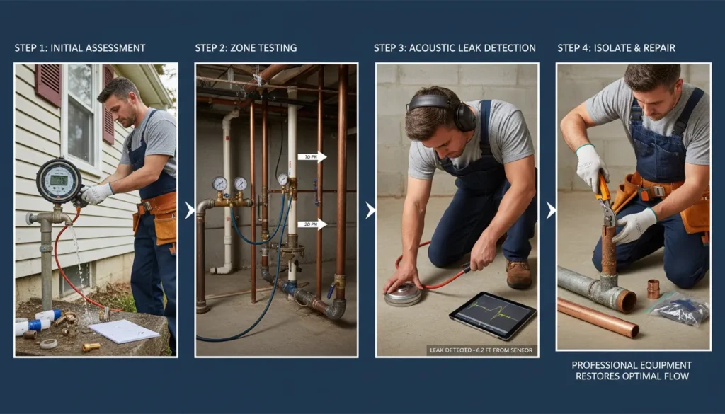 A professional plumber for low water pressure conducting a step-by-step system diagnosis