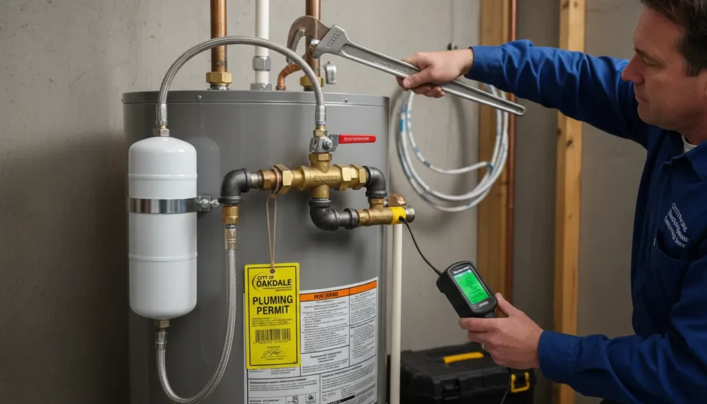 A licensed plumber in a uniform carefully connecting the gas line and water supply pipes to a new residential water heater in a well-lit basement.