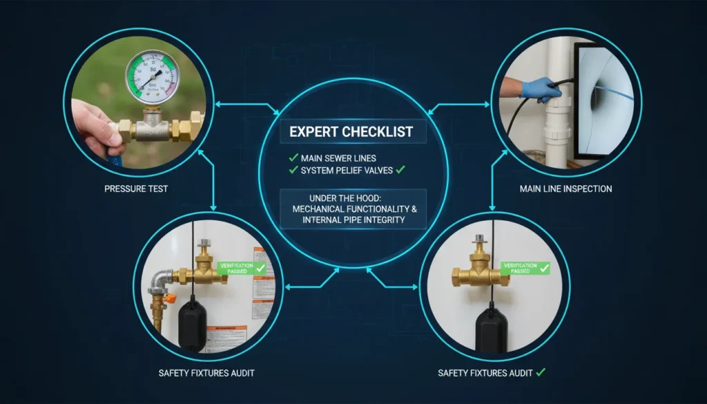 A professional technical diagram showing a plumber's high-definition sewer camera screen, a calibrated water pressure gauge at 50 PSI, and a close-up of a water heater Temperature and Pressure (T&P) relief valve being inspected.