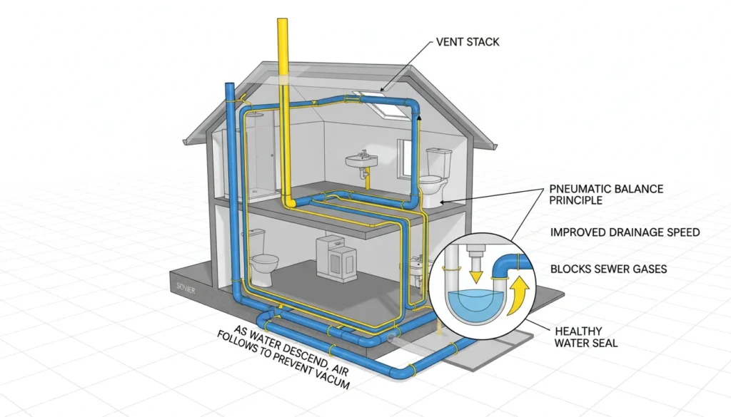 A detailed cross-section diagram of a home plumbing system showing how the roof vent stack introduces air to maintain atmospheric pressure and prevent drain siphoning.