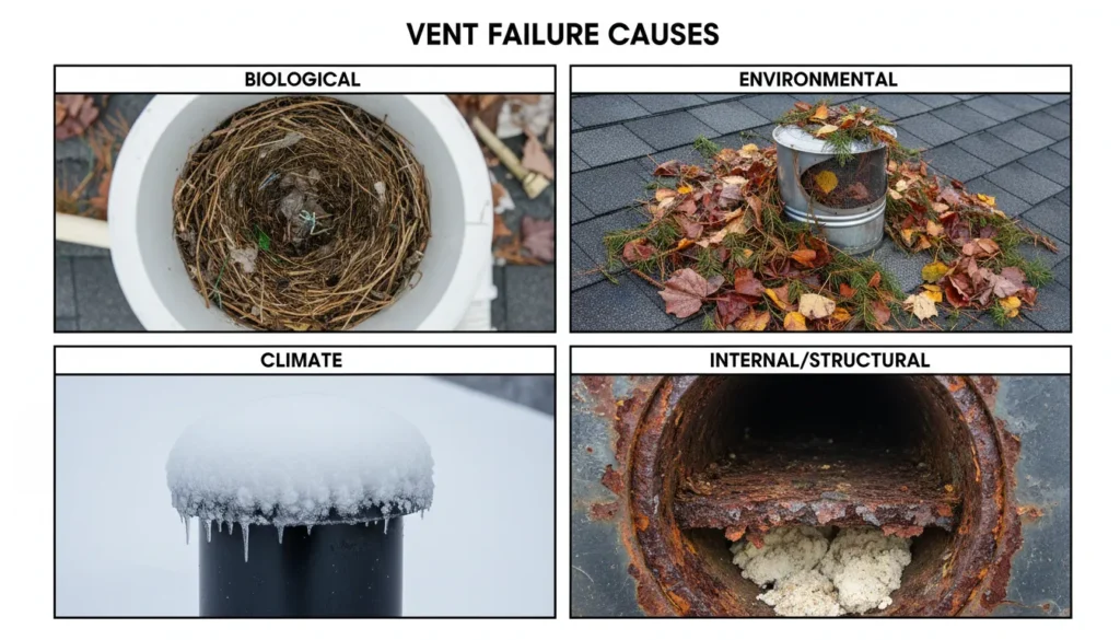 A multi-panel photograph showing common causes of plumbing vent clogs including a bird’s nest in a pipe, accumulated autumn leaves, a frozen ice dam on a roof stack, and internal rust scale buildup.