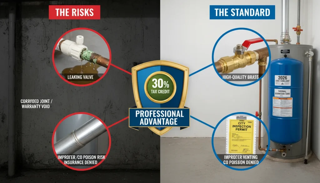 A split-screen comparison showing common DIY water heater mistakes like rusted valves and improper venting versus a professional plumber-installed system with an expansion tank and permit tag.